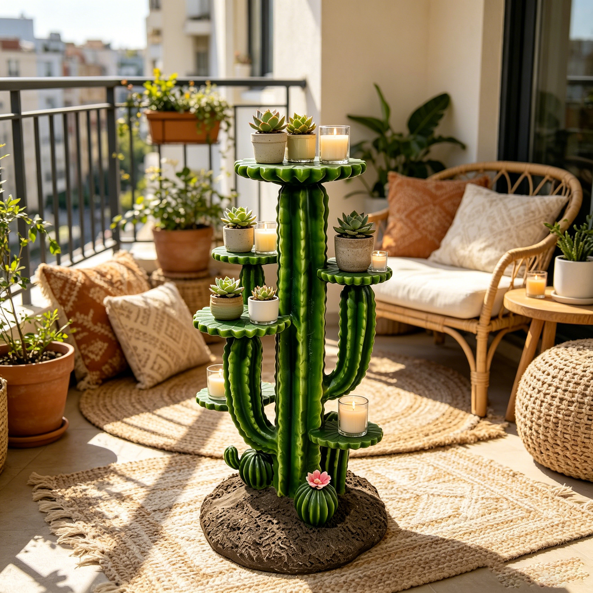 32'' Resin Saguaro Cactus Plant Stand with 3 Display Shelves, Large Multi-Tier Cactus Sculpture Flower Pot Holder, Weatherproof Outdoor Garden Decor for Patio Yard Lawn Succulent Display Rack Ornament