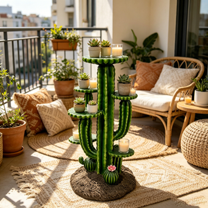 32'' Resin Saguaro Cactus Plant Stand with 3 Display Shelves, Large Multi-Tier Cactus Sculpture Flower Pot Holder, Weatherproof Outdoor Garden Decor for Patio Yard Lawn Succulent Display Rack Ornament