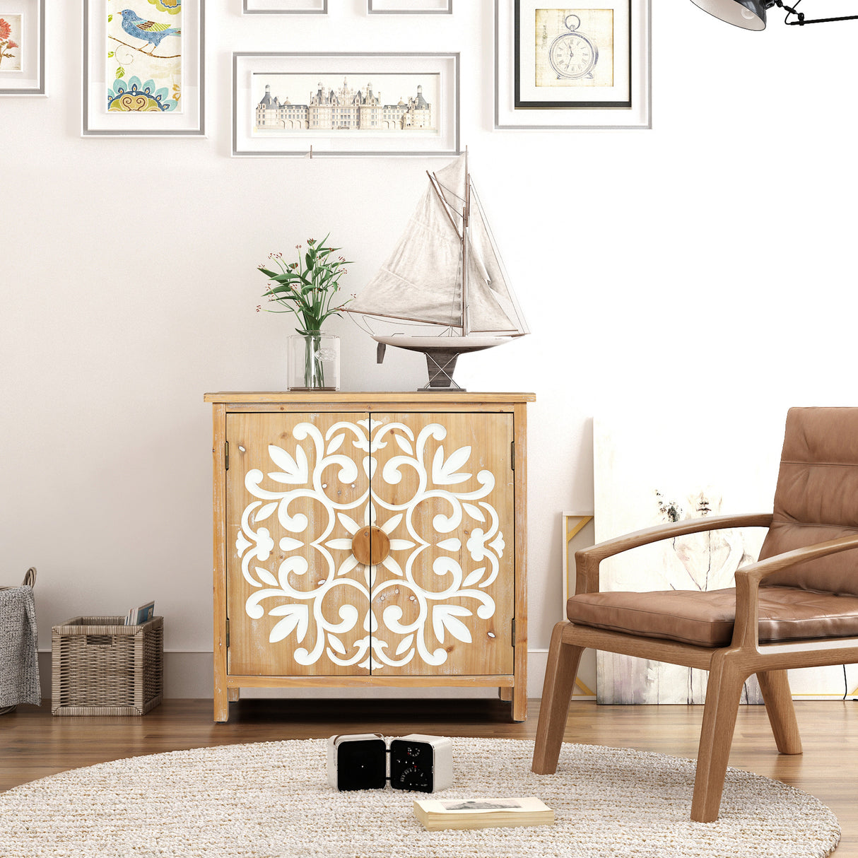 Rustic Wooden Accent Cabinet with Floral Carved Doors