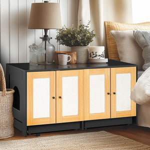Double Litter Box Enclosure, Cat Litter Box Enclosure For 2 Cats, Hidden Litter Box Furniture With Rattan Doors - Black
