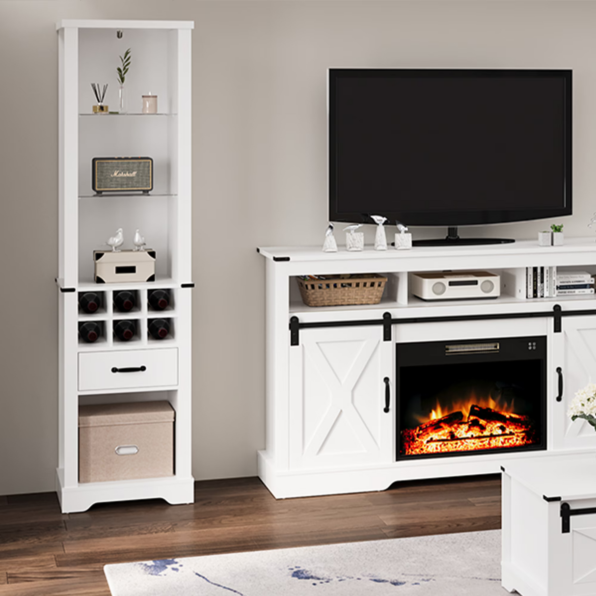 75'' Tall Storage Cabinet with LED Light, Farmhouse Style