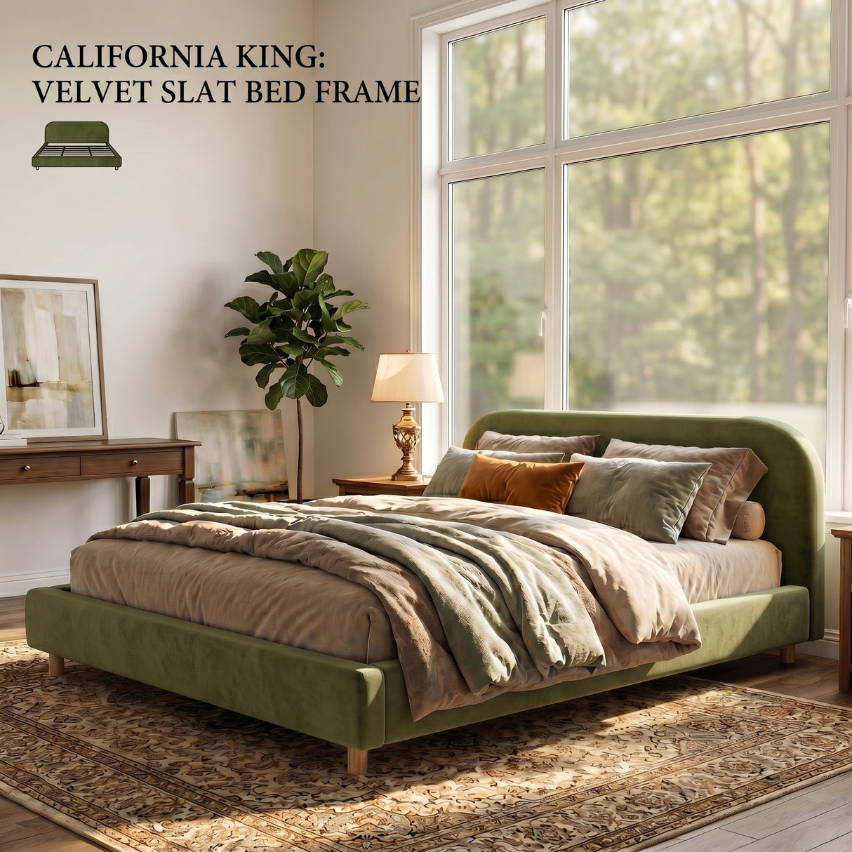 California King Size Upholstered Bed Frame With Velvet Fabric And Curve Design Thick Headboard, Solid Wood Legs, Olive