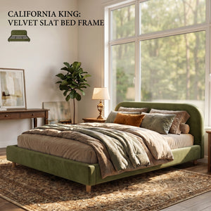 California King Size Upholstered Bed Frame With Velvet Fabric And Curve Design Thick Headboard, Solid Wood Legs, Olive