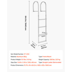 Removable Dock Ladder, 4 Steps, Aluminum Alloy Pontoon Boat Swim Ladder