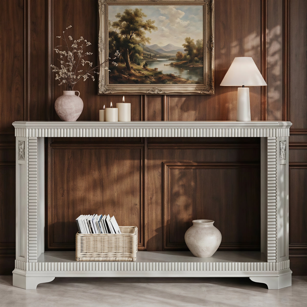 55-Inch Retro Carved Console Table, 2-Tier Open Storage, Champagne Silver