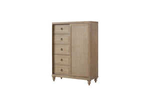 Queen Canopy Bedroom Set With A 2 Drawer Nightstand A Dresser With Poster Mirror And A Door Chest - Sand