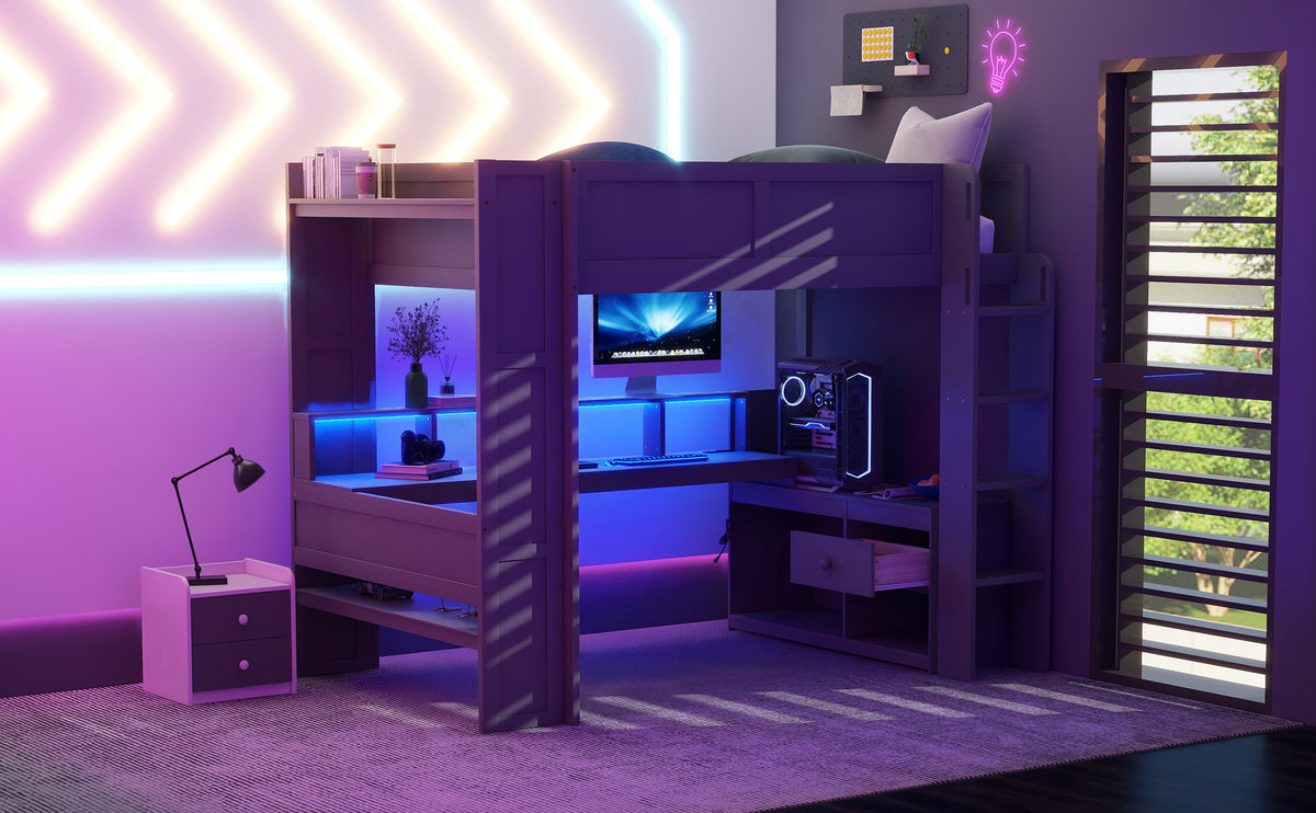 Wood Full Size Gaming Loft Bed with Desk, Multi-storage Shelves, LED and Charging Station