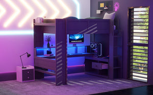 Wood Full Size Gaming Loft Bed with Desk, Multi-storage Shelves, LED and Charging Station