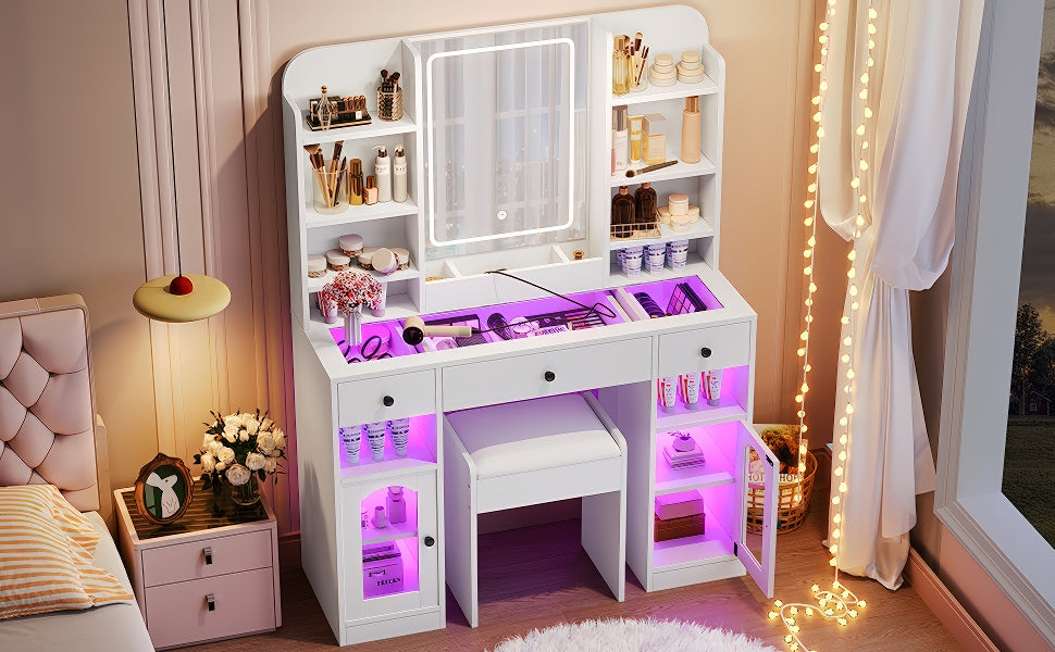 43.2" Vanity Desk with LED Mirror and Lights