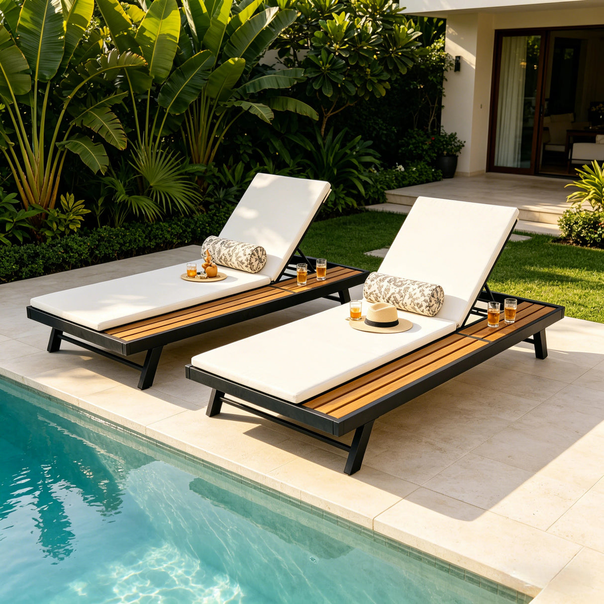Black Iron and Teak Finish Outdoor Chaise Lounge Set