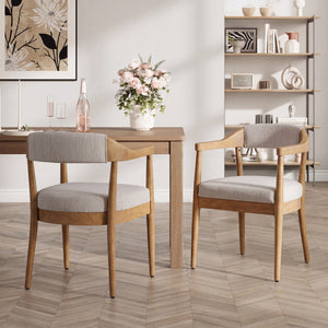 Wood Frame Upholstered Dining Chairs with Armrests (Set of 2) - Beige + Natural