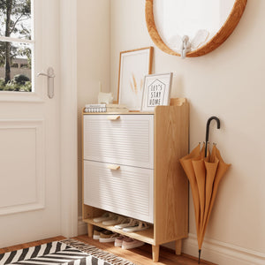 Shoe Storage Cabinet With 2 Flip Drawers, Compact Entryway Organizer - Natural / White