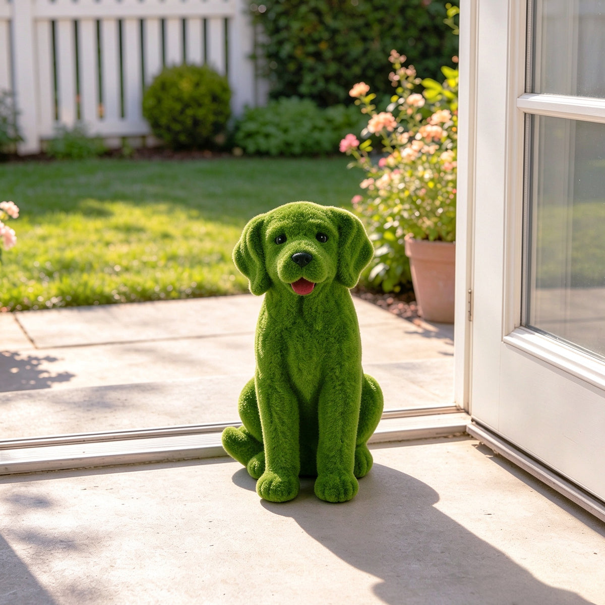 Flocked Resin Dog Garden Statue with Weatherproof Finish - Green