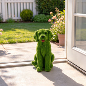 Flocked Resin Dog Garden Statue with Weatherproof Finish - Green
