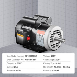 5HP Air Compressor Electric Motor 230V 25A 3450RPM CW/CCW Rotation