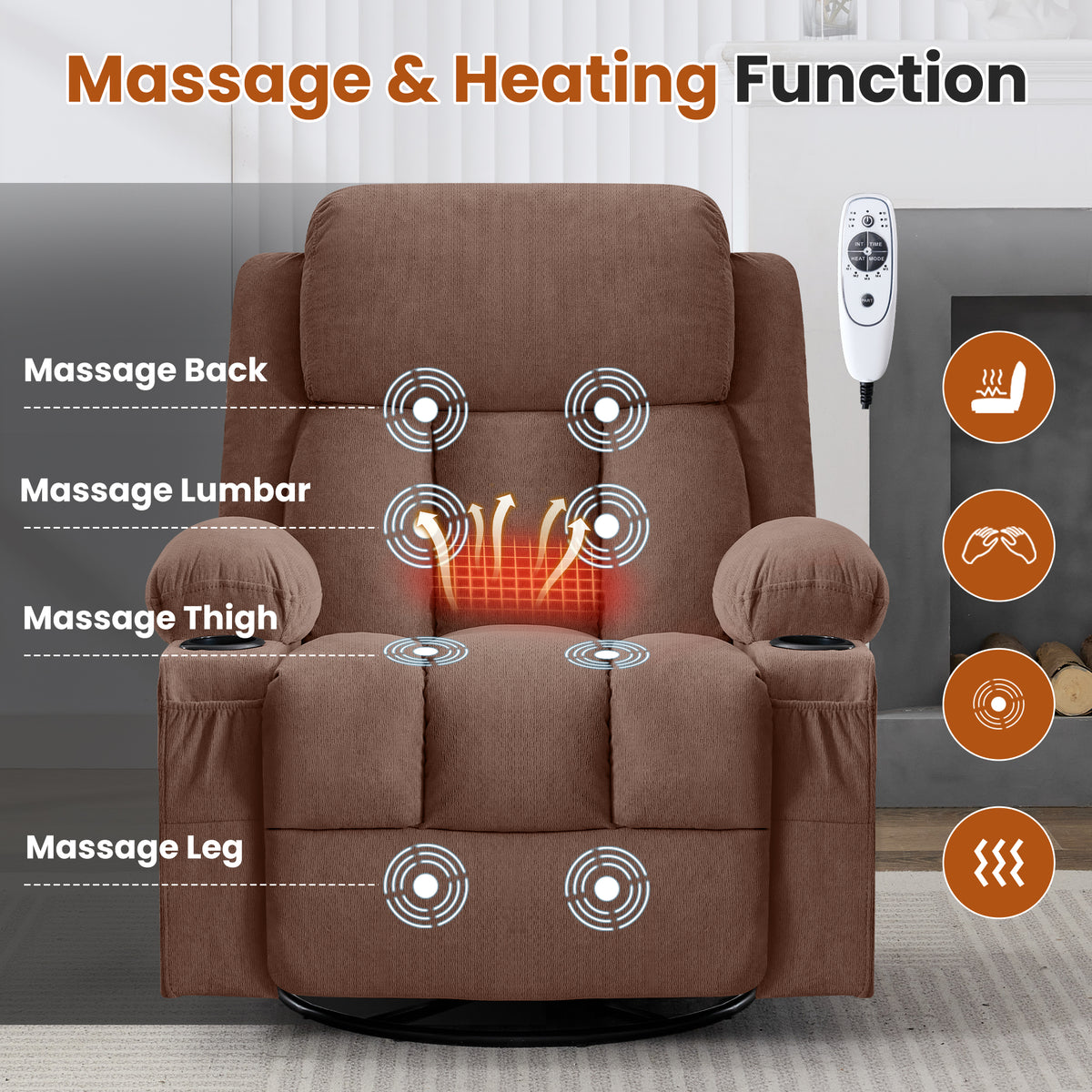 Swivel Rocker Recliner Chair with Vibration Massage and Heat - Brown, Blue, Grey