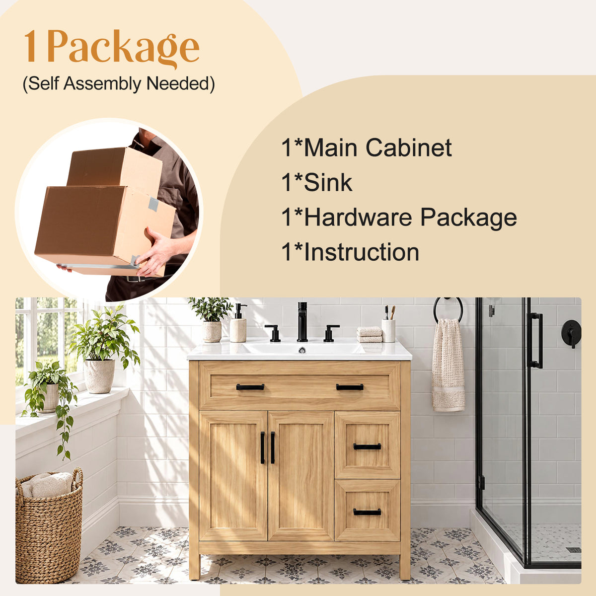36-Inch Bathroom Vanity with Ceramic Sink, Soft-Close Doors and Drawers