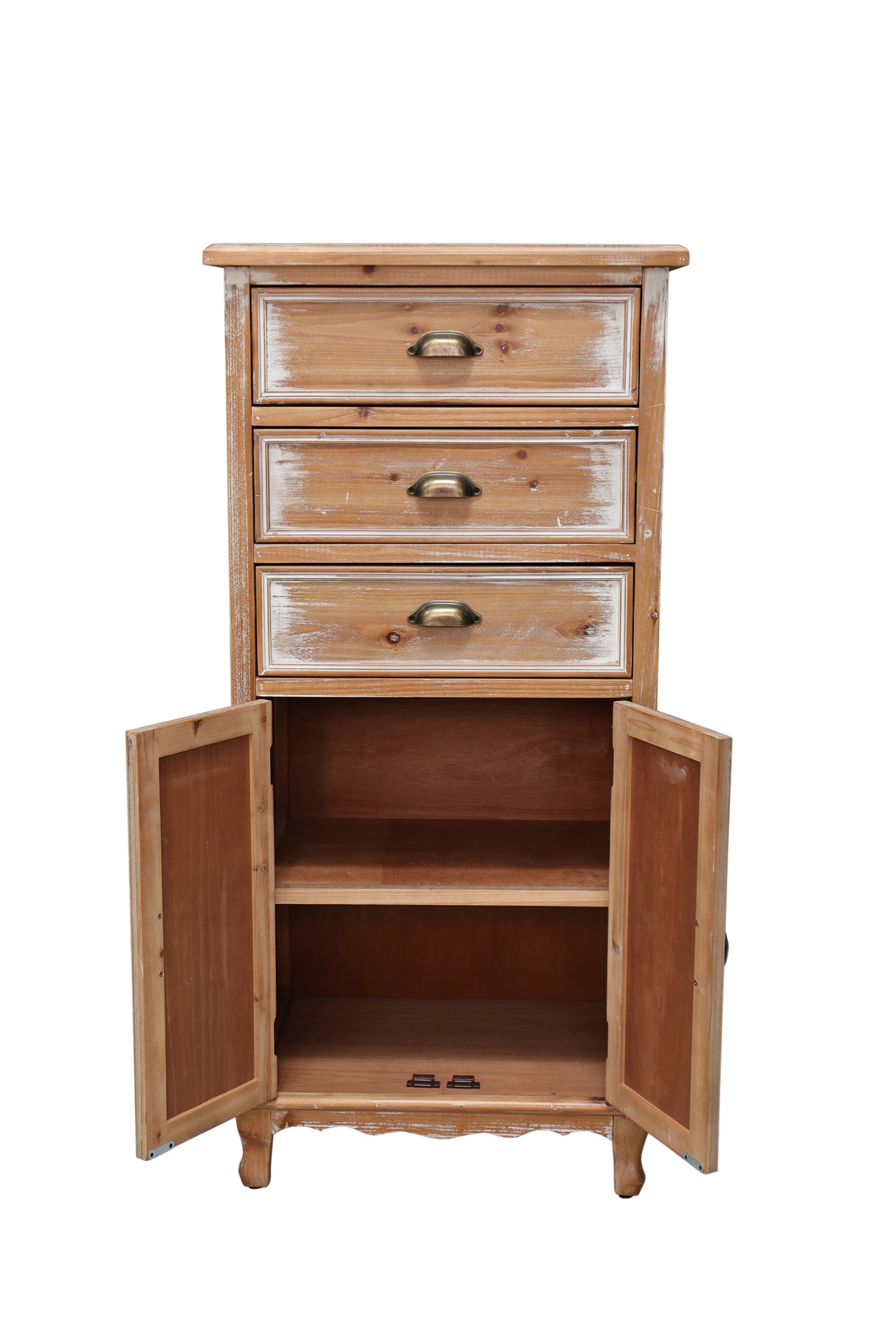 Rustic Wooden Storage Cabinet with Decorative Cutout Door & 3 Drawers