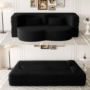 Modern Floor Sofa With Two Pillows Convertible Teddy Fabric Foam Filled Bed