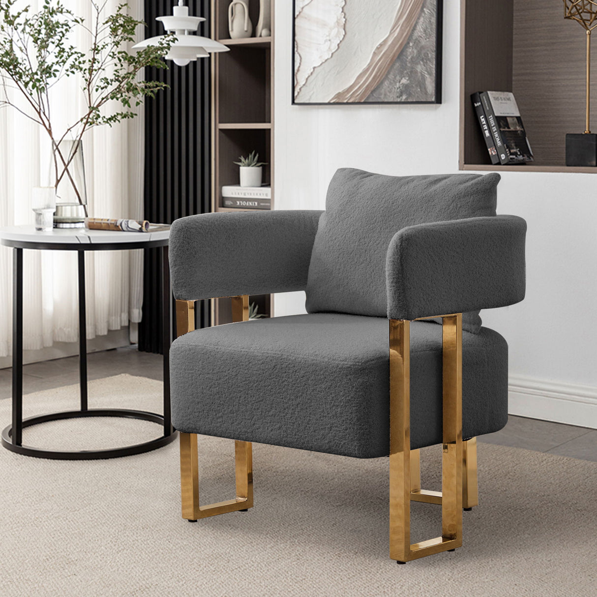 Modern Decorative Chair Teddy Fleece Upholstered And Metal Foot