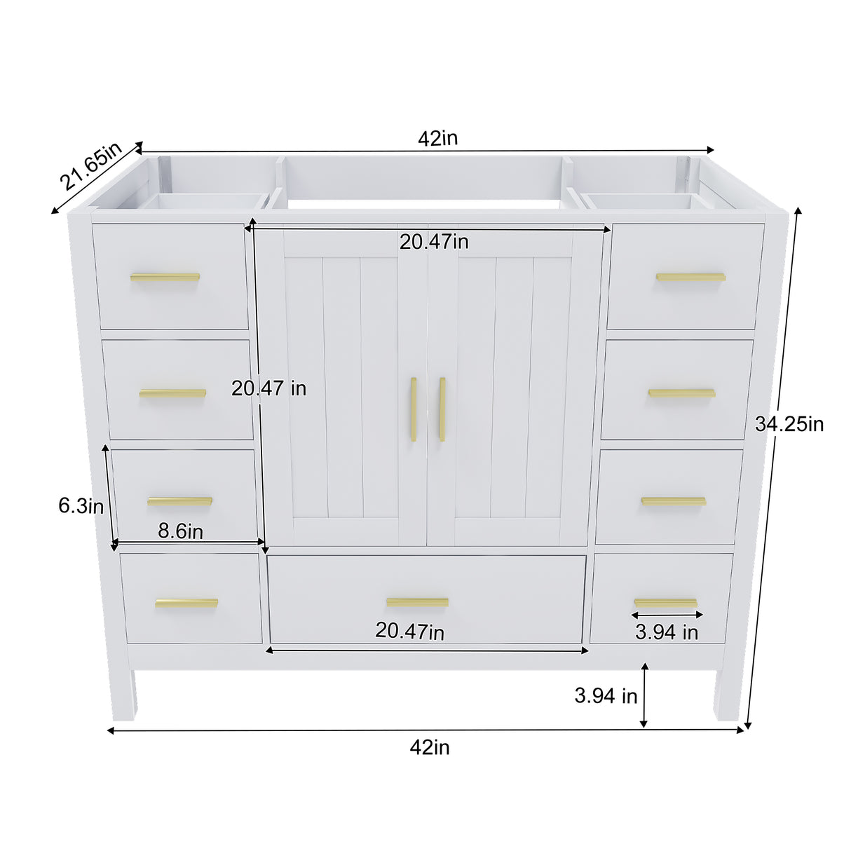42" Bathroom Vanity Base Cabinet with 2 Soft-Close Double Doors & 9 Smooth Drawers