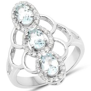 1.54 Carat Genuine Aquamarine and White Zircon .925 Sterling Silver Ring