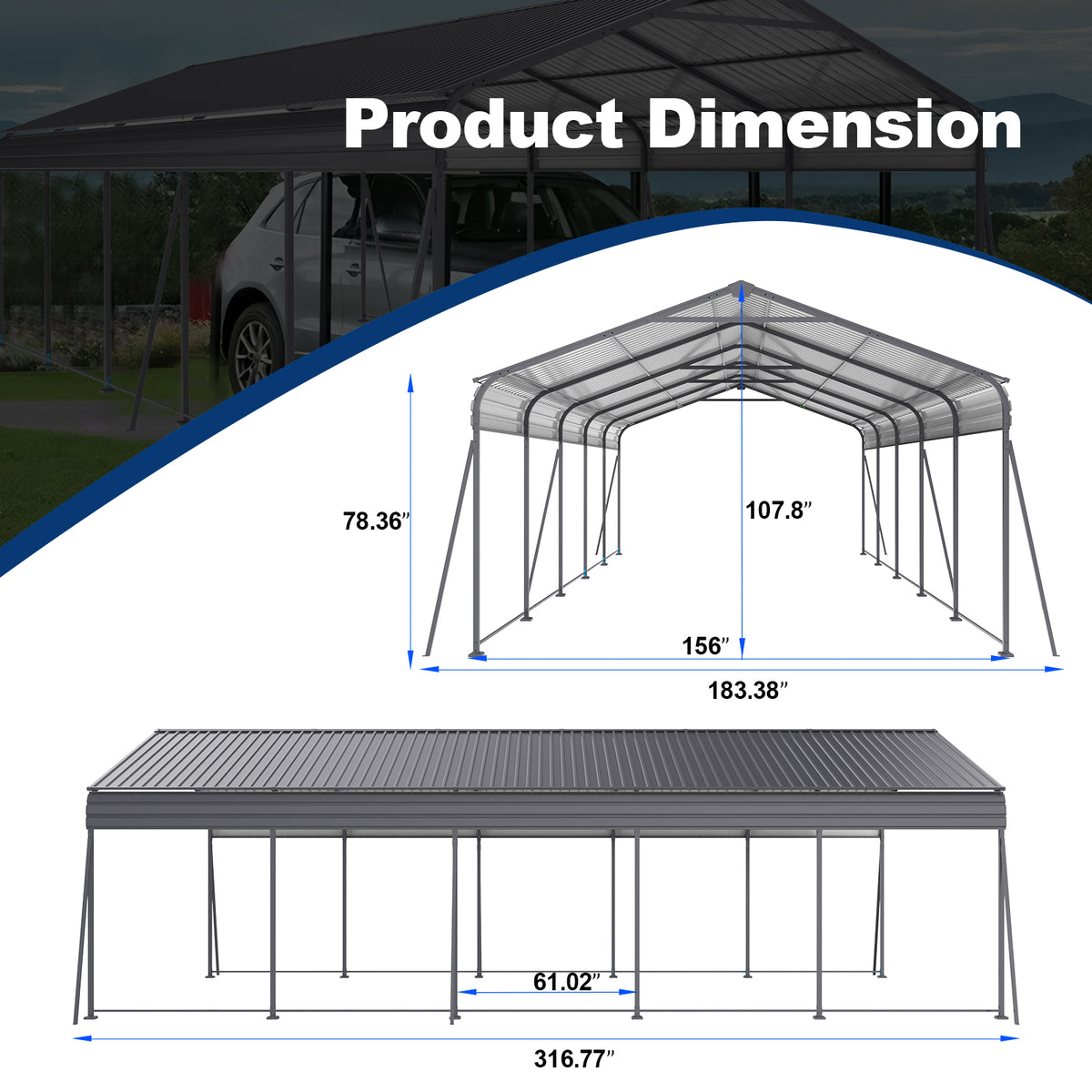 Metal Carport 13 × 26.5 FT with Galvanized Steel Roof