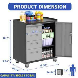 Sturdy Metal Tool Storage Cabinet With Wheels Durable Garage, Office & Home Organizer Steel