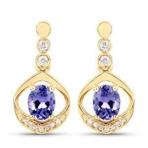 0.76 Carat Genuine Tanzanite and White Diamond 14K Yellow Gold Earrings