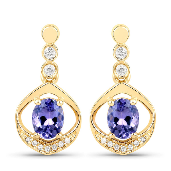 0.76 Carat Genuine Tanzanite and White Diamond 14K Yellow Gold Earrings