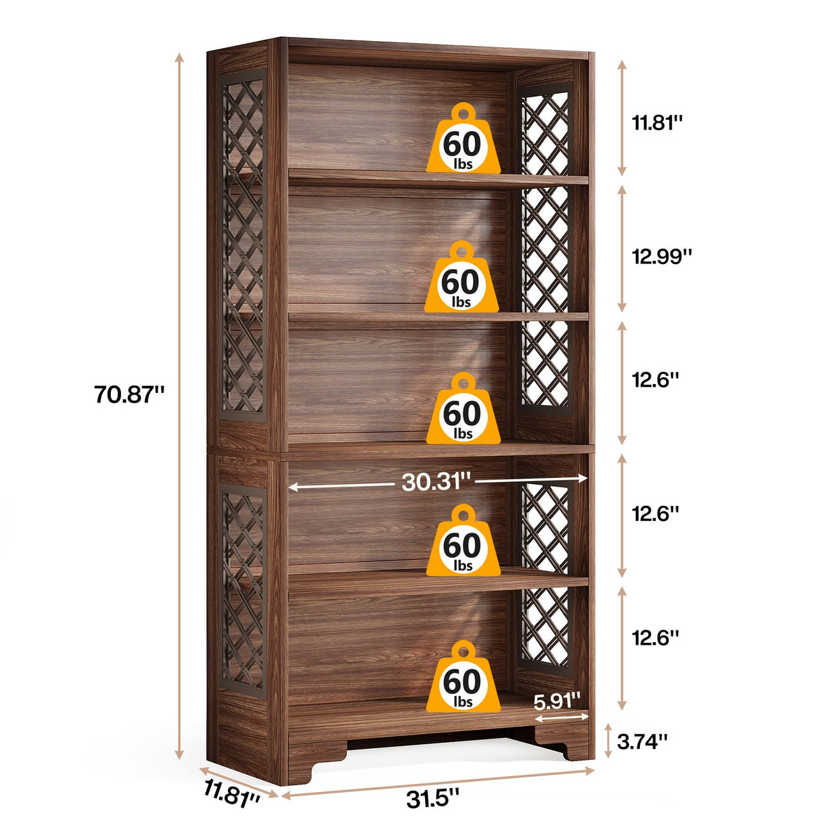 6 Tier Brown Mid Century Bookcase With X Design for Living Room