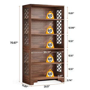 6 Tier Brown Mid Century Bookcase With X Design for Living Room