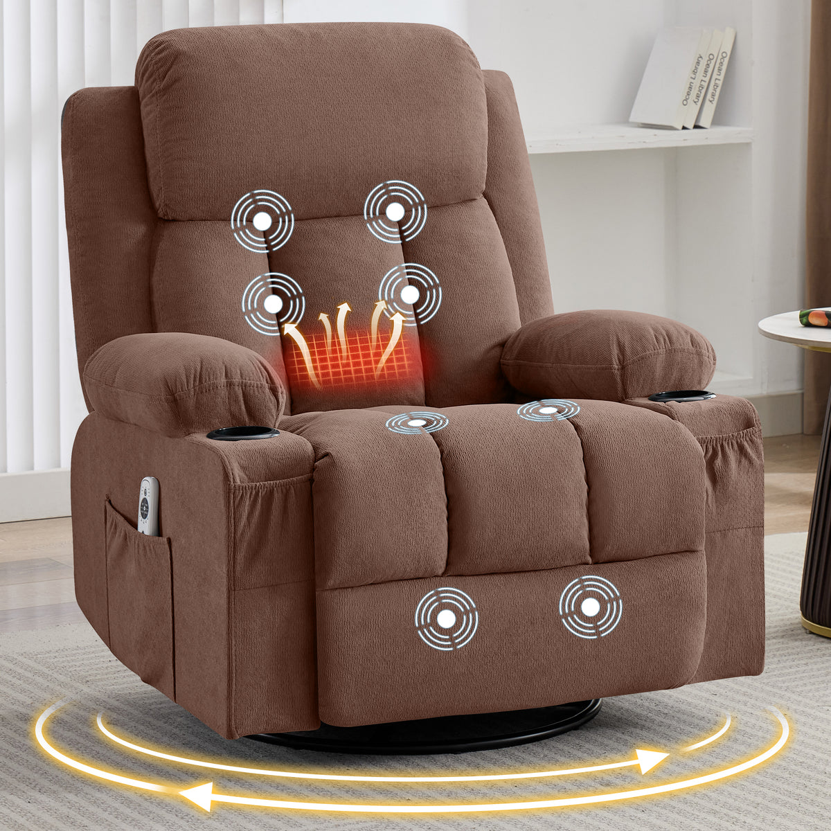 Swivel Rocker Recliner Chair with Vibration Massage and Heat - Brown, Blue, Grey