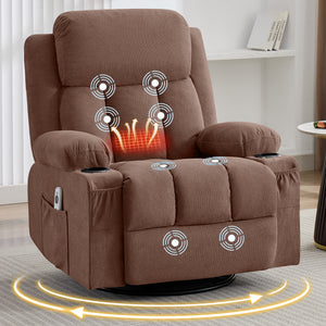 Swivel Rocker Recliner Chair with Vibration Massage and Heat - Brown, Blue, Grey