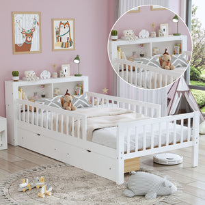Bed With Headboard Storage Rack, 2 Under Bed Drawers, 3 Side Guardrails For Safety