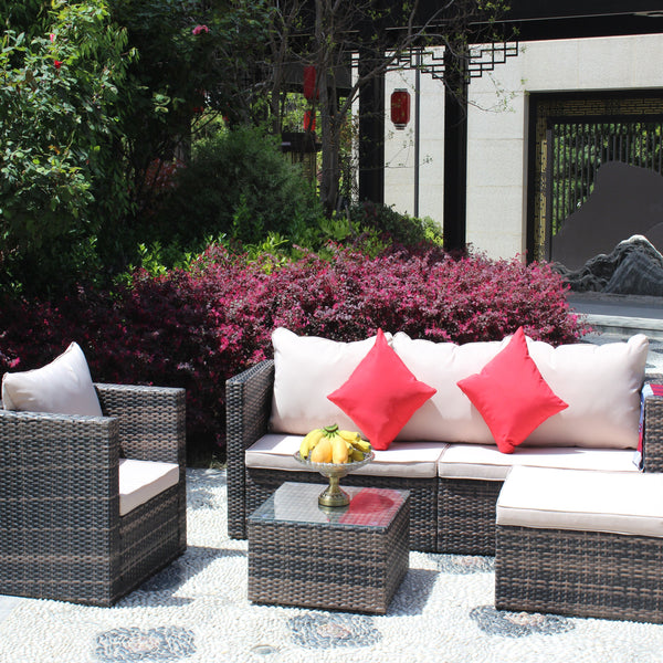 Rattan Patio Furniture Set Wicker Sofa Cushioned Sectional (4 Pieces, Brown)
