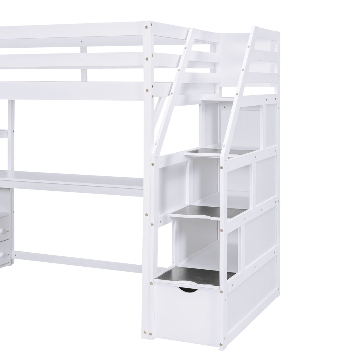 Loft Bed With Desk, Shelves, 2 Drawers, Storage Staircase
