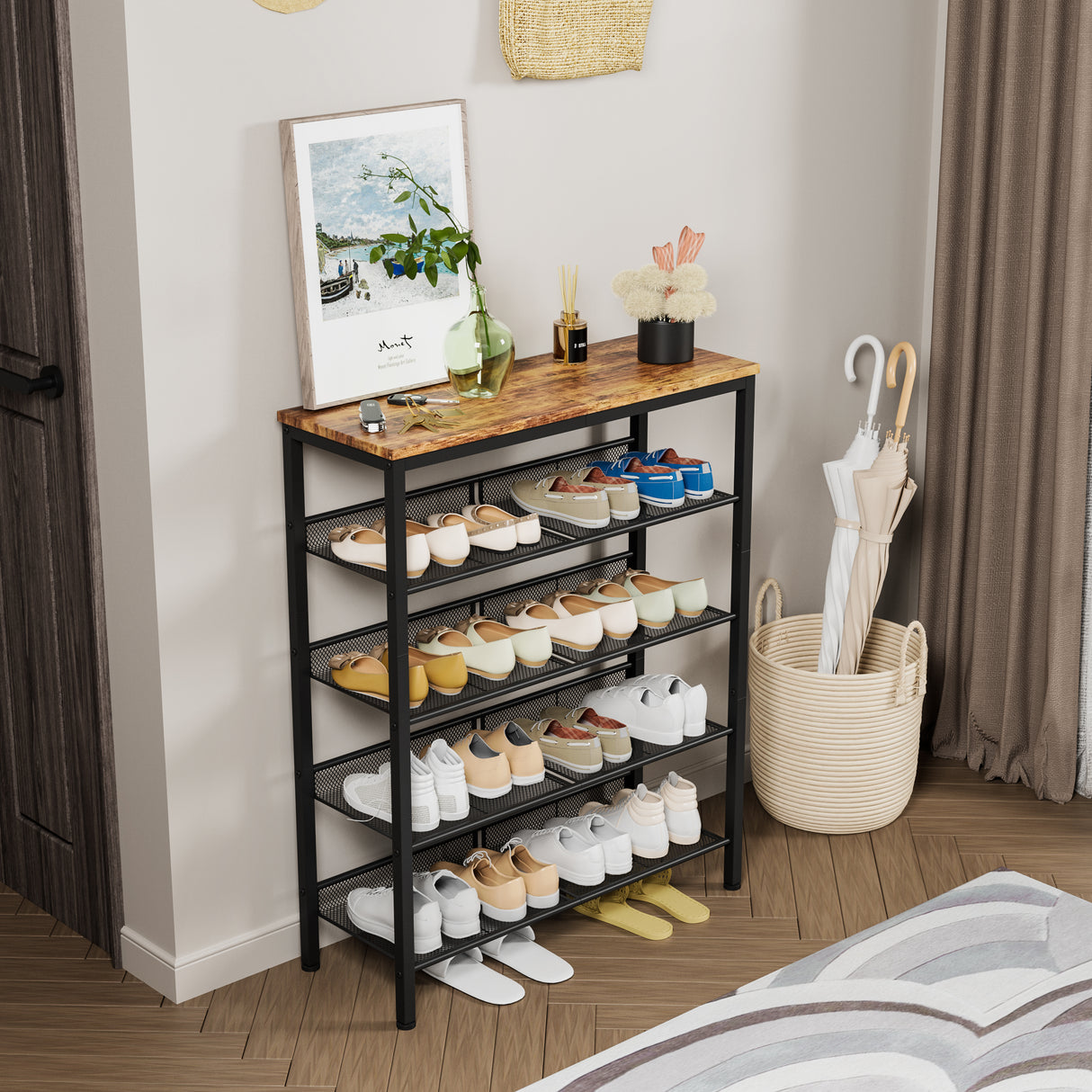 Industrial Shoe Rack with 4 Mesh Shelves