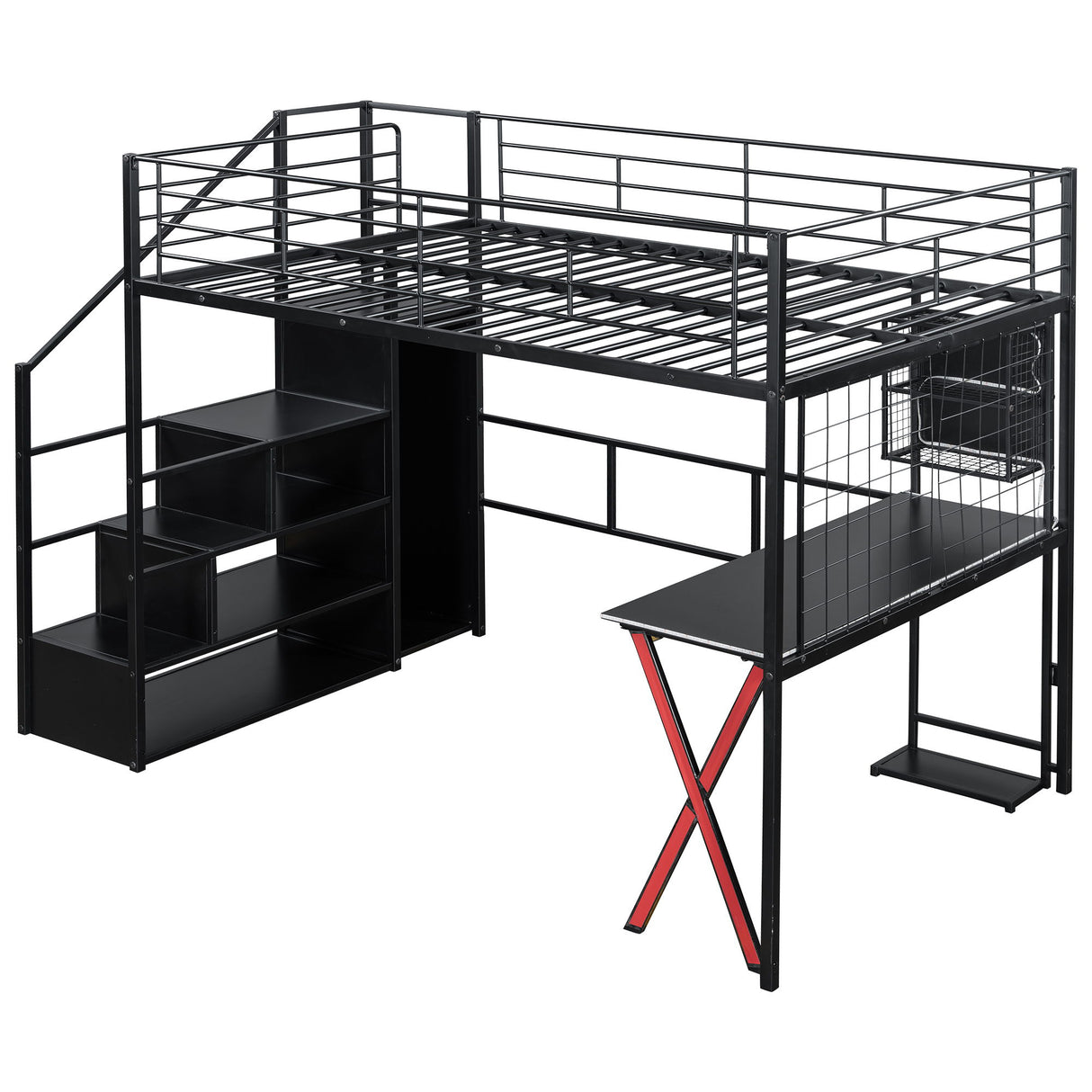 Loft Bed With Built In Work Station, Wardrobe, Storage Staircase And LED