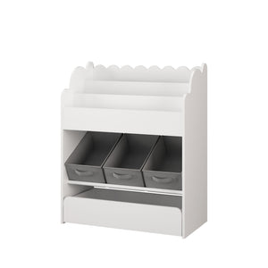 Bookshelf With Storage Bins And Drawer, Multi-Functional Book Organizer For Toddlers - White