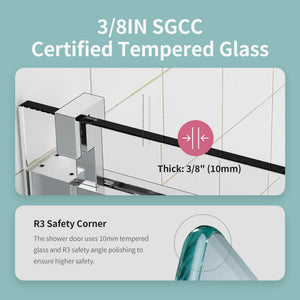 Frameless Single Sliding Soft Close Shower Doors, 3 / 8" Tempered Glass Reversible Installatio