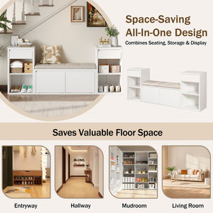 Entryway Storage Bench With Cushion, Drawers & Open Shelves