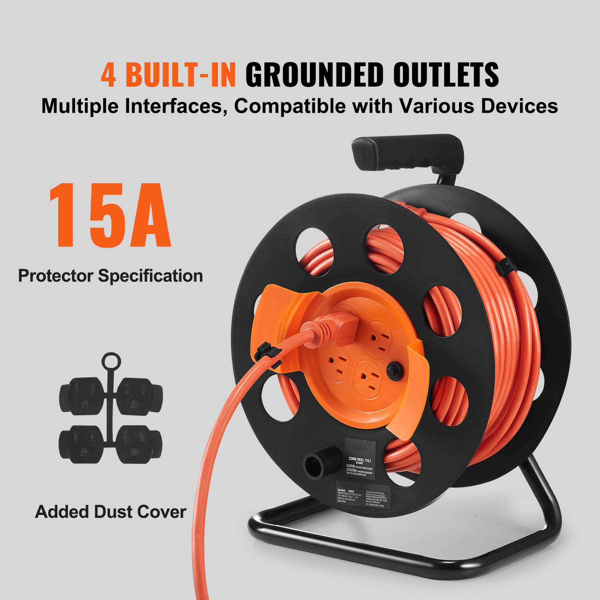 100FT Extension Cord Reel with 4 Outlets and Dust Cover