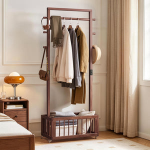 Solid Wood Freestanding Coat Rack with Rolling Wheels & Storage Basket