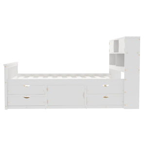 Captain Platform Bed Frame With Bookcase Headboard, 4 Drawers, Storage Shelves