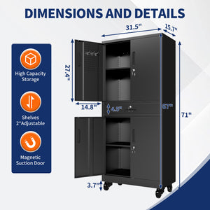 Metal Storage Cabinet with Drawer, Locking Doors, and Rolling Wheels
