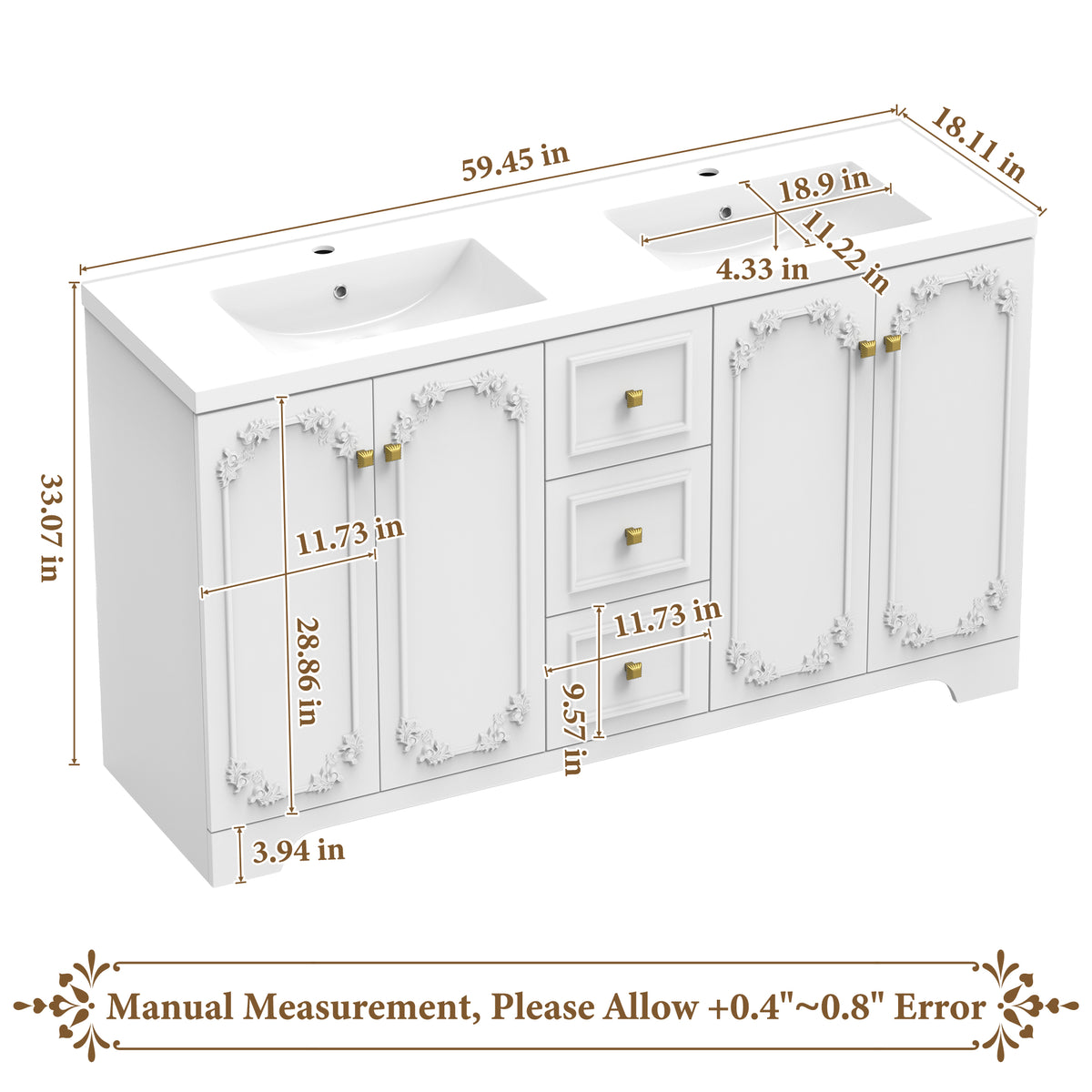 60" White French Bathroom Vanity
