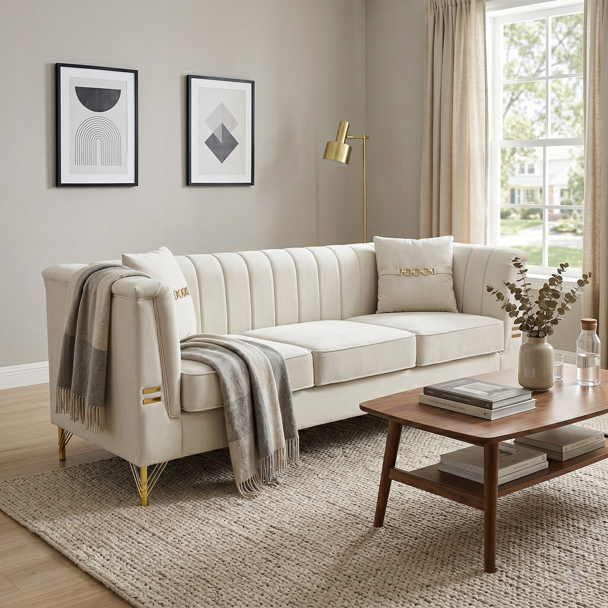 FX-P82-BE3 Modern Velvet 3-Seater Chesterfield Sofa with 2 Pillows