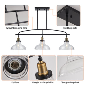 Industrial 3-Light Pendant Chandelier with Clear Glass Shades