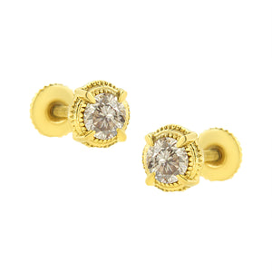 14K Yellow Gold Plated .925 Sterling Silver 1.0 Cttw Round Brilliant Cut Diamond Solitaire Milgrain Stud Earrings (K-L Color, I2-I3 Clarity)
